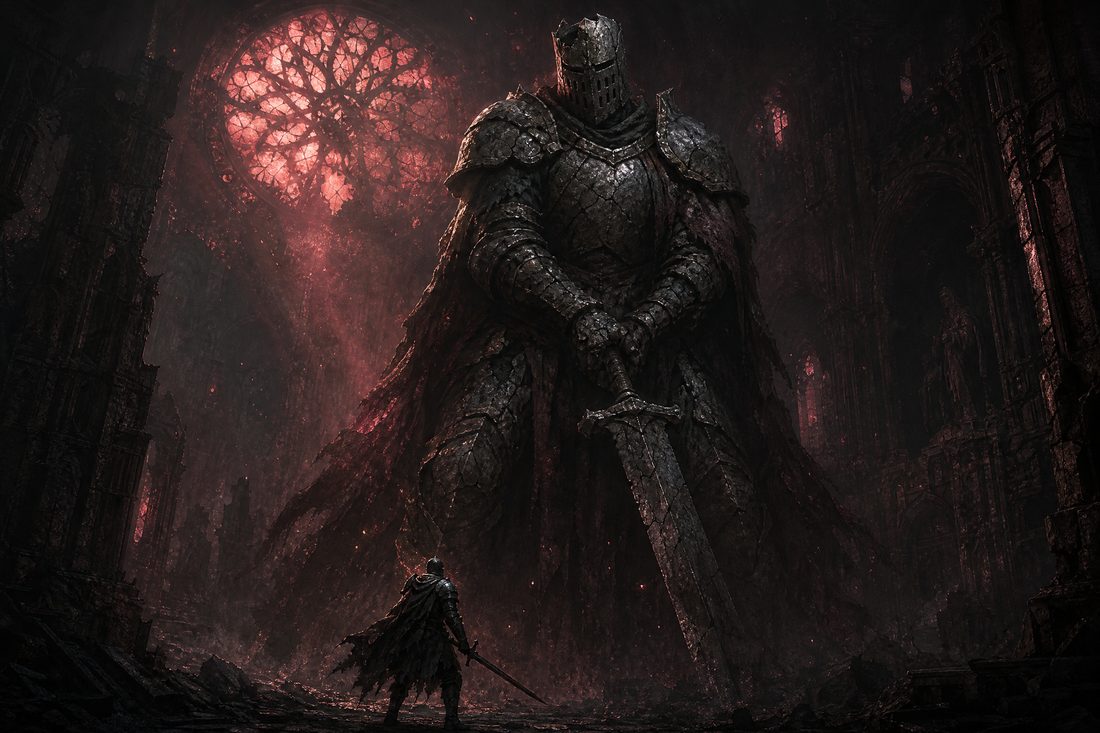 An enormous stone knight with a cracked helm holding a two-handed sword in a ruined cathedral lit by red light through a shattered rose window