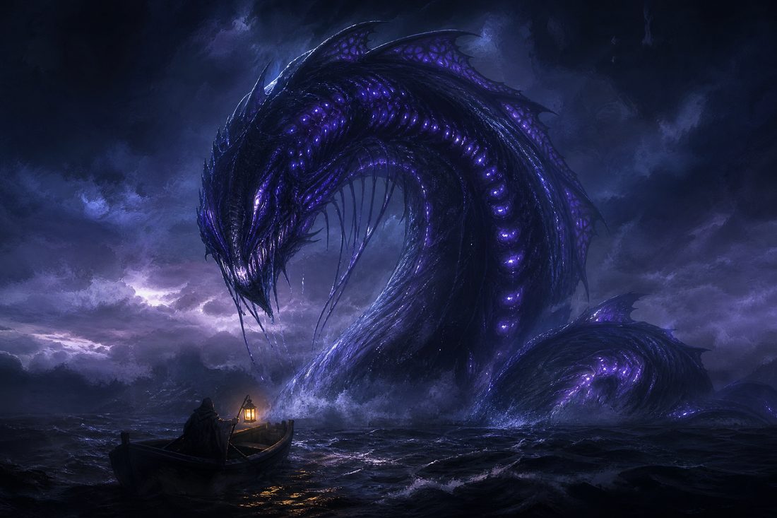 A colossal serpentine sea creature with violet bioluminescent markings rising from black water beside a small lantern-lit boat