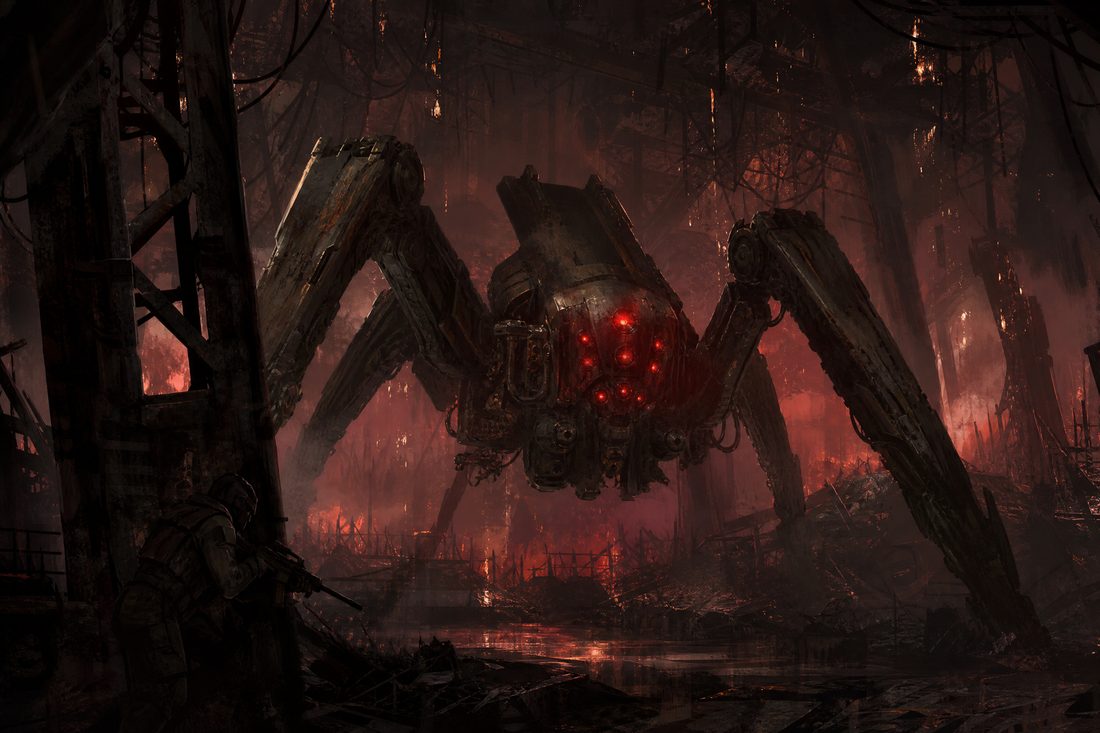A mechanical spider-like war machine with glowing red sensor arrays in a collapsed industrial hangar